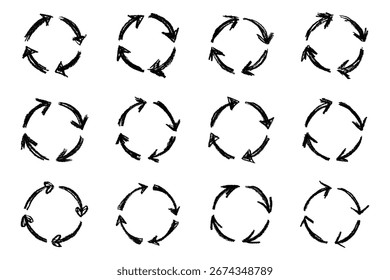 Conjunto de iconos de flecha de reciclaje dibujado a mano Reciclaje de recursos símbolo Reutilización de materiales, cero residuos, medio ambiente verde, salvar el planeta