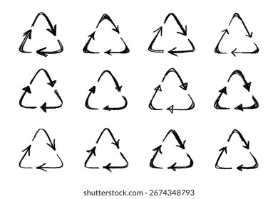 Conjunto de mão desenhado ícone de seta de reciclagem Símbolo de recursos de reciclagem Reutilização de materiais, desperdício zero, ambiente verde, salvando o planeta