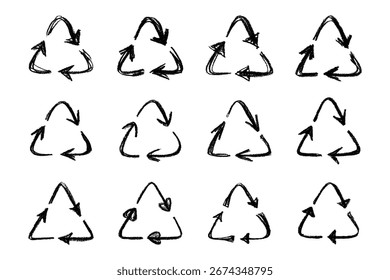 Set of hand drawn recycle arrow icon Recycling resources symbol Reuse of materials, zero waste, green environment, saving the planet