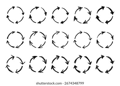 Set von Hand gezeichnete Recycling-Pfeil-Symbol Recycling-Ressourcen-Symbol Wiederverwendung von Materialien, Null Abfall, grüne Umwelt, Rettung des Planeten