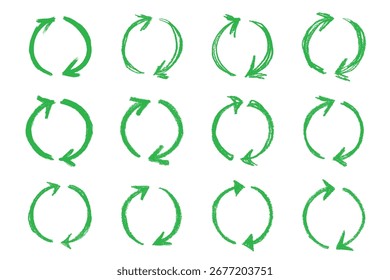 Conjunto de iconos de flecha de reciclaje dibujado a mano Reciclaje de recursos símbolo Reutilización de materiales, cero residuos, medio ambiente verde, salvar el planeta
