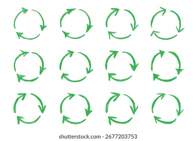 Set von Hand gezeichnete Recycling-Pfeil-Symbol Recycling-Ressourcen-Symbol Wiederverwendung von Materialien, Null Abfall, grüne Umwelt, Rettung des Planeten