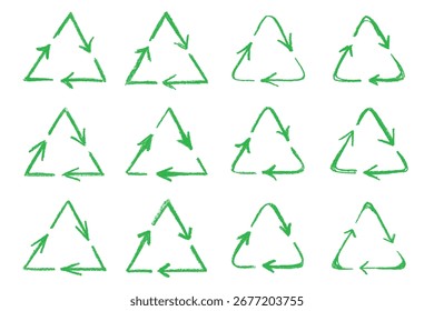 Conjunto de iconos de flecha de reciclaje dibujado a mano Reciclaje de recursos símbolo Reutilización de materiales, cero residuos, medio ambiente verde, salvar el planeta