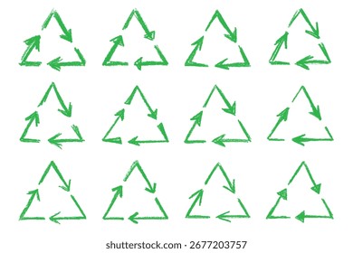 Conjunto de iconos de flecha de reciclaje dibujado a mano Reciclaje de recursos símbolo Reutilización de materiales, cero residuos, medio ambiente verde, salvar el planeta