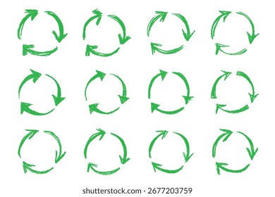 Conjunto de iconos de flecha de reciclaje dibujado a mano Reciclaje de recursos símbolo Reutilización de materiales, cero residuos, medio ambiente verde, salvar el planeta