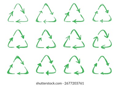 Conjunto de iconos de flecha de reciclaje dibujado a mano Reciclaje de recursos símbolo Reutilización de materiales, cero residuos, medio ambiente verde, salvar el planeta