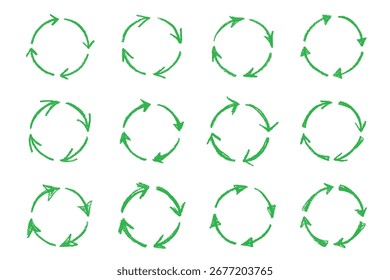 Conjunto de iconos de flecha de reciclaje dibujado a mano Reciclaje de recursos símbolo Reutilización de materiales, cero residuos, medio ambiente verde, salvar el planeta