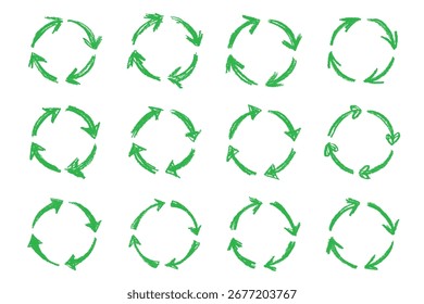 Conjunto de mão desenhado ícone de seta de reciclagem Símbolo de recursos de reciclagem Reutilização de materiais, desperdício zero, ambiente verde, salvando o planeta