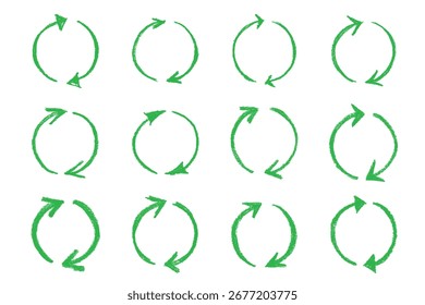 Set of hand drawn recycle arrow icon Recycling resources symbol Reuse of materials, zero waste, green environment, saving the planet