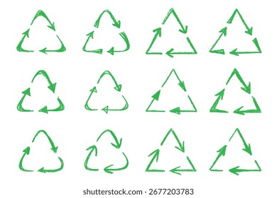Conjunto de iconos de flecha de reciclaje dibujado a mano Reciclaje de recursos símbolo Reutilización de materiales, cero residuos, medio ambiente verde, salvar el planeta