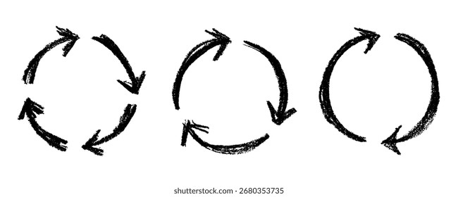 Conjunto de mão desenhado ícone de seta de reciclagem Símbolo de recursos de reciclagem Reutilização de materiais, desperdício zero, ambiente verde, salvando o planeta