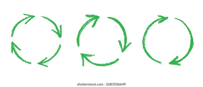 Conjunto de mão desenhado ícone de seta de reciclagem Símbolo de recursos de reciclagem Reutilização de materiais, desperdício zero, ambiente verde, salvando o planeta
