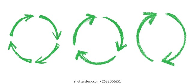 Conjunto de mão desenhado ícone de seta de reciclagem Símbolo de recursos de reciclagem Reutilização de materiais, desperdício zero, ambiente verde, salvando o planeta