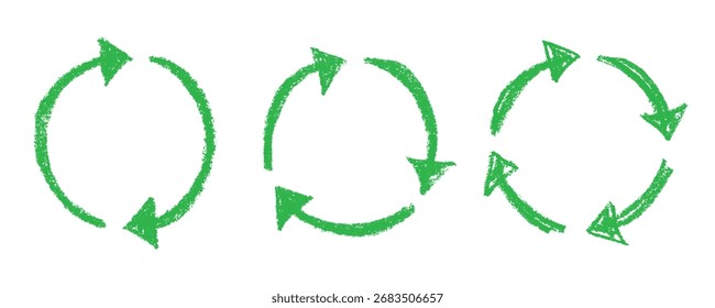 Conjunto de iconos de flecha de reciclaje dibujado a mano Reciclaje de recursos símbolo Reutilización de materiales, cero residuos, medio ambiente verde, salvar el planeta