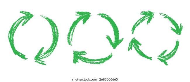 Conjunto de mão desenhado ícone de seta de reciclagem Símbolo de recursos de reciclagem Reutilização de materiais, desperdício zero, ambiente verde, salvando o planeta