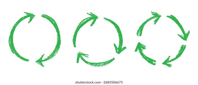 Conjunto de mão desenhado ícone de seta de reciclagem Símbolo de recursos de reciclagem Reutilização de materiais, desperdício zero, ambiente verde, salvando o planeta