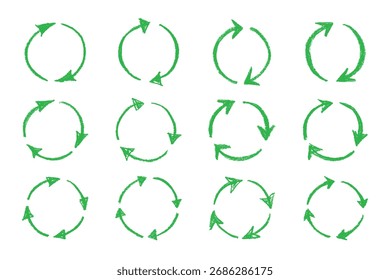Set of hand drawn recycle arrow icon Recycling resources symbol Reuse of materials, zero waste, green environment, saving the planet