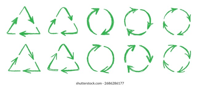 Set of hand drawn recycle arrow icon Recycling resources symbol Reuse of materials, zero waste, green environment, saving the planet