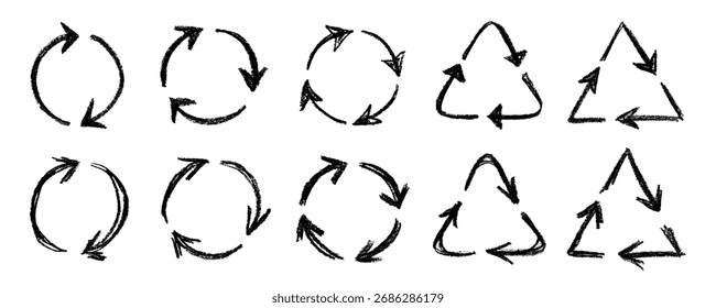 Set von Hand gezeichnete Recycling-Pfeil-Symbol Recycling-Ressourcen-Symbol Wiederverwendung von Materialien, Null Abfall, grüne Umwelt, Rettung des Planeten