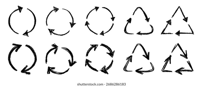 Conjunto de iconos de flecha de reciclaje dibujado a mano Reciclaje de recursos símbolo Reutilización de materiales, cero residuos, medio ambiente verde, salvar el planeta