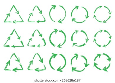 Conjunto de mão desenhado ícone de seta de reciclagem Símbolo de recursos de reciclagem Reutilização de materiais, desperdício zero, ambiente verde, salvando o planeta