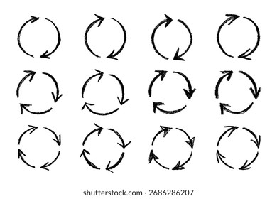 Conjunto de mão desenhado ícone de seta de reciclagem Símbolo de recursos de reciclagem Reutilização de materiais, desperdício zero, ambiente verde, salvando o planeta