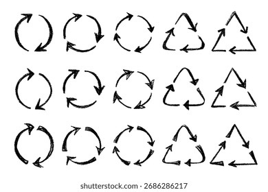 Conjunto de iconos de flecha de reciclaje dibujado a mano Reciclaje de recursos símbolo Reutilización de materiales, cero residuos, medio ambiente verde, salvar el planeta