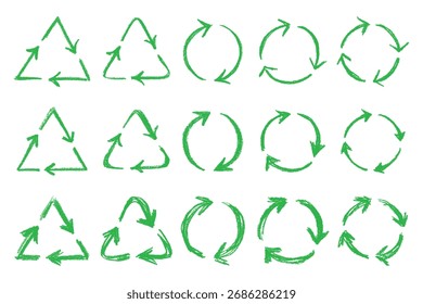 Conjunto de mão desenhado ícone de seta de reciclagem Símbolo de recursos de reciclagem Reutilização de materiais, desperdício zero, ambiente verde, salvando o planeta