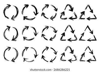 Set of hand drawn recycle arrow icon Recycling resources symbol Reuse of materials, zero waste, green environment, saving the planet