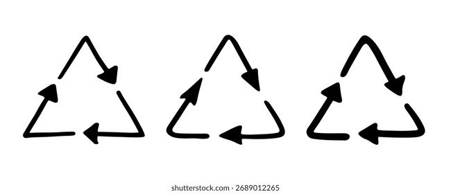 Conjunto de mão desenhado ícone de seta de reciclagem Símbolo de recursos de reciclagem Reutilização de materiais, desperdício zero, ambiente verde, salvando o planeta