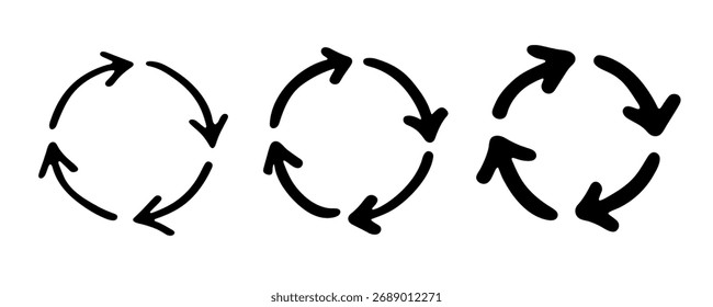 Set von Hand gezeichnete Recycling-Pfeil-Symbol Recycling-Ressourcen-Symbol Wiederverwendung von Materialien, Null Abfall, grüne Umwelt, Rettung des Planeten