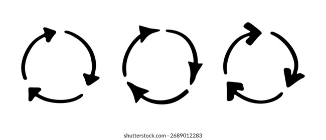 Conjunto de mão desenhado ícone de seta de reciclagem Símbolo de recursos de reciclagem Reutilização de materiais, desperdício zero, ambiente verde, salvando o planeta