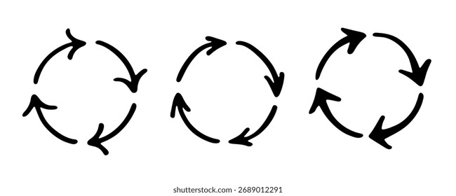 Conjunto de mão desenhado ícone de seta de reciclagem Símbolo de recursos de reciclagem Reutilização de materiais, desperdício zero, ambiente verde, salvando o planeta