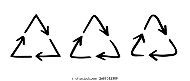 Conjunto de mão desenhado ícone de seta de reciclagem Símbolo de recursos de reciclagem Reutilização de materiais, desperdício zero, ambiente verde, salvando o planeta