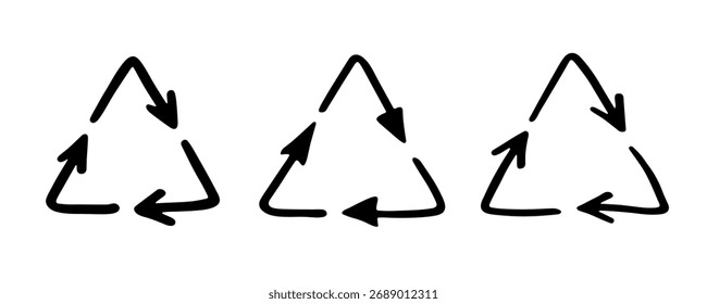 Conjunto de mão desenhado ícone de seta de reciclagem Símbolo de recursos de reciclagem Reutilização de materiais, desperdício zero, ambiente verde, salvando o planeta