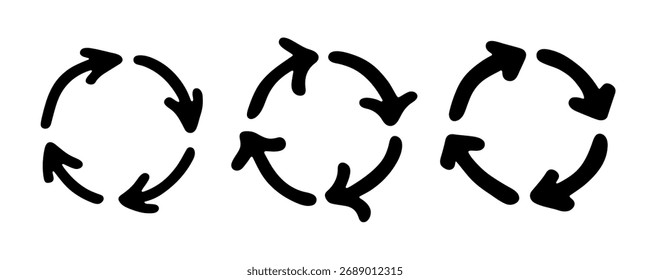 Conjunto de mão desenhado ícone de seta de reciclagem Símbolo de recursos de reciclagem Reutilização de materiais, desperdício zero, ambiente verde, salvando o planeta