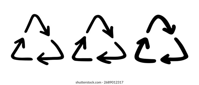 Conjunto de iconos de flecha de reciclaje dibujado a mano Reciclaje de recursos símbolo Reutilización de materiales, cero residuos, medio ambiente verde, salvar el planeta