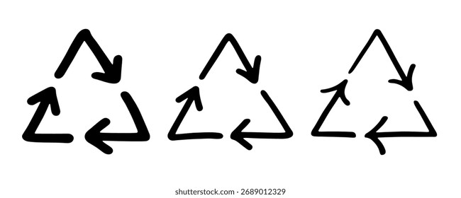 Conjunto de mão desenhado ícone de seta de reciclagem Símbolo de recursos de reciclagem Reutilização de materiais, desperdício zero, ambiente verde, salvando o planeta