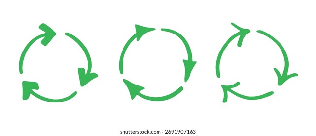 Conjunto de mão desenhado ícone de seta de reciclagem Símbolo de recursos de reciclagem Reutilização de materiais, desperdício zero, ambiente verde, salvando o planeta