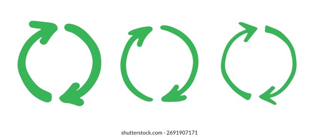 Conjunto de iconos de flecha de reciclaje dibujado a mano Reciclaje de recursos símbolo Reutilización de materiales, cero residuos, medio ambiente verde, salvar el planeta