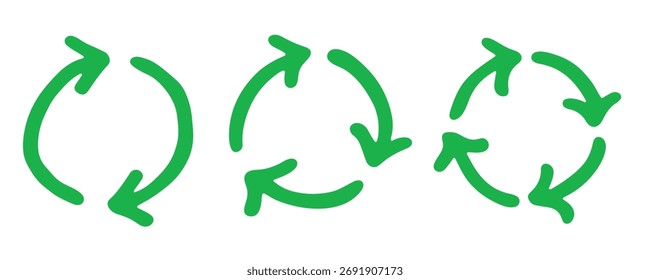 Conjunto de mão desenhado ícone de seta de reciclagem Símbolo de recursos de reciclagem Reutilização de materiais, desperdício zero, ambiente verde, salvando o planeta