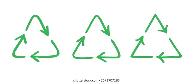 Conjunto de mão desenhado ícone de seta de reciclagem Símbolo de recursos de reciclagem Reutilização de materiais, desperdício zero, ambiente verde, salvando o planeta