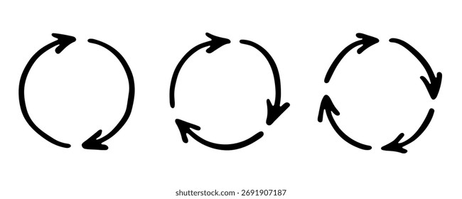 Conjunto de mão desenhado ícone de seta de reciclagem Símbolo de recursos de reciclagem Reutilização de materiais, desperdício zero, ambiente verde, salvando o planeta