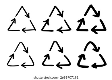 Conjunto de mão desenhado ícone de seta de reciclagem Símbolo de recursos de reciclagem Reutilização de materiais, desperdício zero, ambiente verde, salvando o planeta