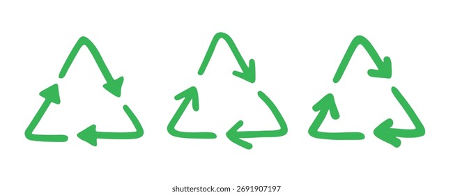 Conjunto de mão desenhado ícone de seta de reciclagem Símbolo de recursos de reciclagem Reutilização de materiais, desperdício zero, ambiente verde, salvando o planeta