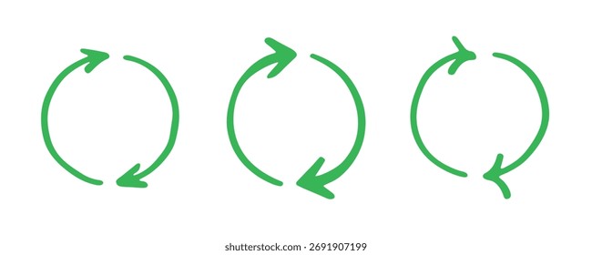 Conjunto de mão desenhado ícone de seta de reciclagem Símbolo de recursos de reciclagem Reutilização de materiais, desperdício zero, ambiente verde, salvando o planeta