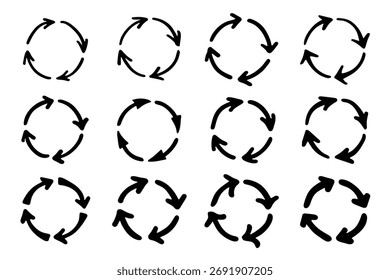 Conjunto de iconos de flecha de reciclaje dibujado a mano Reciclaje de recursos símbolo Reutilización de materiales, cero residuos, medio ambiente verde, salvar el planeta