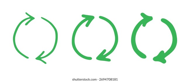 Conjunto de iconos de flecha de reciclaje dibujado a mano Reciclaje de recursos símbolo Reutilización de materiales, cero residuos, medio ambiente verde, salvar el planeta