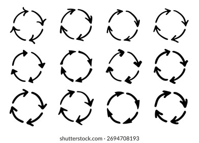 Conjunto de iconos de flecha de reciclaje dibujado a mano Reciclaje de recursos símbolo Reutilización de materiales, cero residuos, medio ambiente verde, salvar el planeta