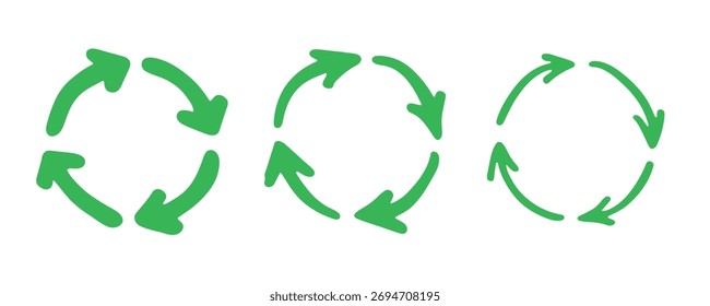 Conjunto de iconos de flecha de reciclaje dibujado a mano Reciclaje de recursos símbolo Reutilización de materiales, cero residuos, medio ambiente verde, salvar el planeta